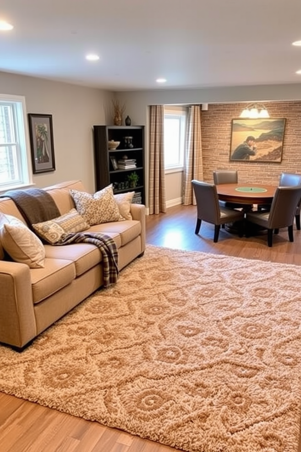 Create a cozy winter basement retreat featuring plush area rugs that delineate different zones within the space. The first zone includes a seating area with a large sectional sofa adorned with warm blankets and cushions, while the second zone showcases a game table surrounded by comfortable chairs.