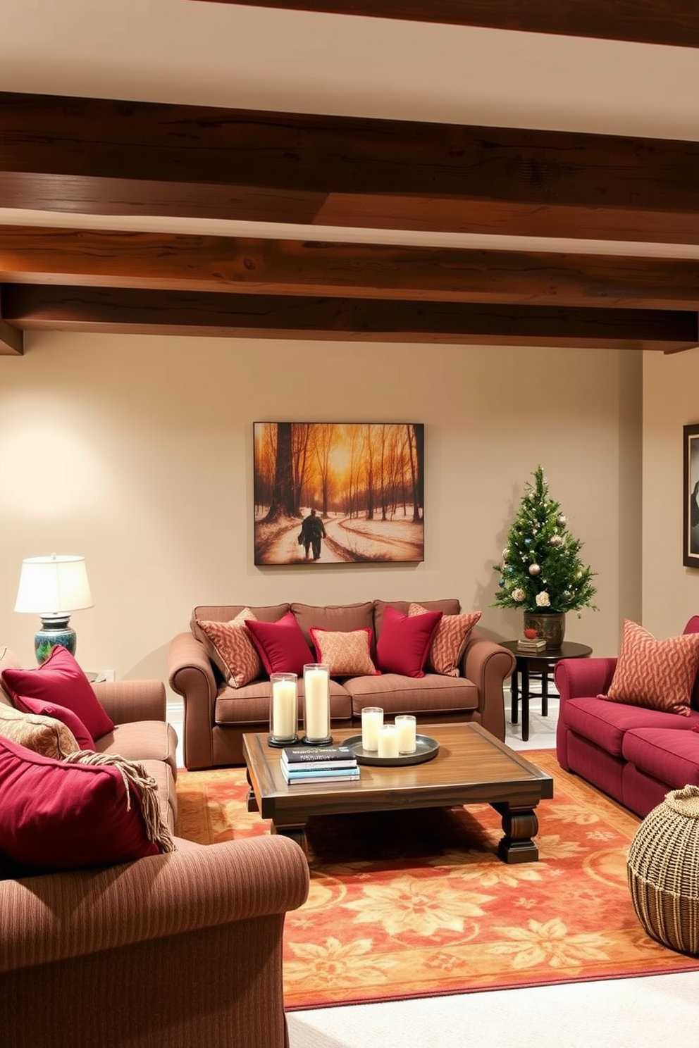 A cozy winter basement retreat features plush seating arranged around a rustic wooden coffee table. Warm lighting from stylish lamps casts a soft glow, enhancing the inviting atmosphere. The walls are adorned with rich, dark wood paneling, complemented by a thick area rug that adds warmth underfoot. Decorative elements like knitted throws and seasonal artwork bring a touch of winter charm to the space.