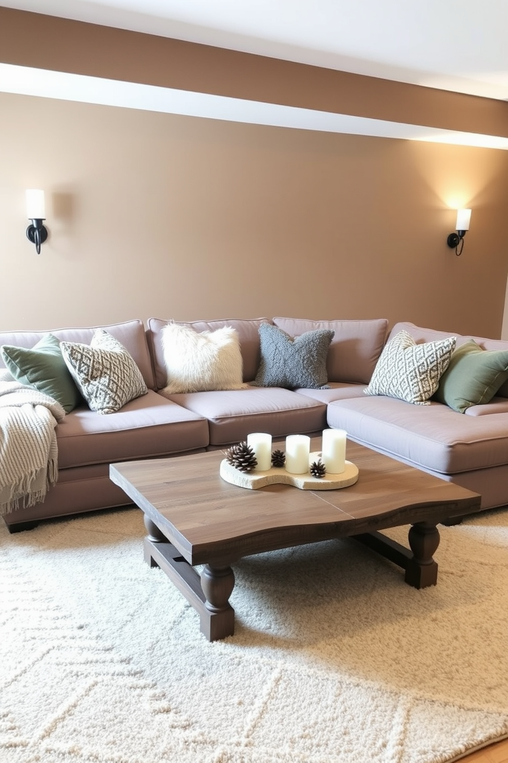 A cozy winter basement retreat featuring a plush sectional sofa adorned with soft, textured throw pillows. The walls are painted in a warm taupe, and a large area rug adds comfort underfoot. A rustic wooden coffee table sits in front of the sofa, topped with a few seasonal decor items like pinecones and candles. Wall sconces on either side of the room provide soft, ambient lighting, enhancing the inviting atmosphere.