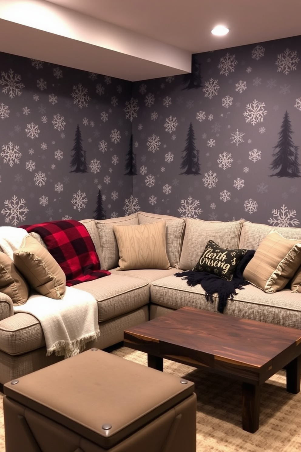 Create a cozy winter basement retreat featuring wallpaper adorned with winter motifs such as snowflakes and evergreen trees. The space includes a plush sectional sofa with soft throw blankets, a rustic coffee table, and ambient lighting to enhance the warm atmosphere.