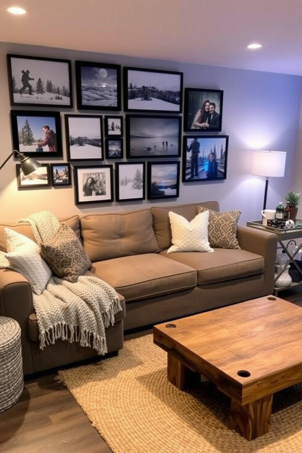 A cozy winter basement retreat featuring a gallery wall adorned with framed photos of winter landscapes and family memories. The space includes a plush sectional sofa draped with a chunky knit throw and a rustic coffee table made of reclaimed wood. Soft ambient lighting illuminates the room, creating a warm and inviting atmosphere. A woven area rug anchors the seating area, while a small bar cart stocked with hot cocoa supplies adds a festive touch.