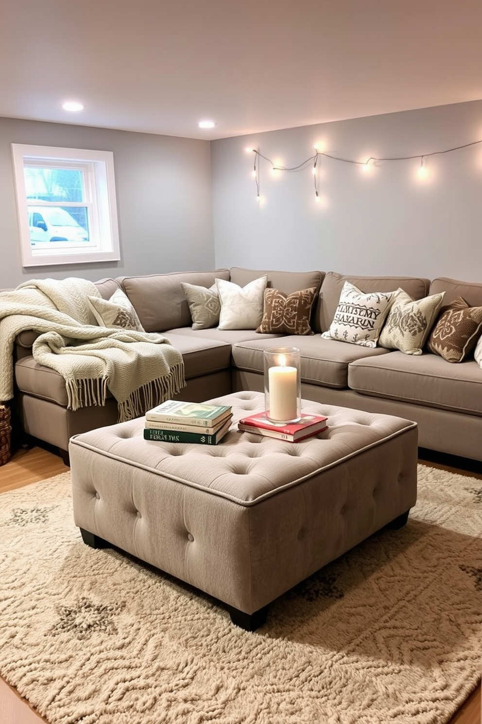 A cozy winter basement retreat. The space features a soft area rug underfoot, complemented by a sectional sofa adorned with warm blankets and pillows. In the center, a plush ottoman provides extra seating and serves as a coffee table, topped with a stack of seasonal books and a scented candle. The walls are painted in a soft gray, while twinkling string lights add a touch of warmth to the atmosphere.