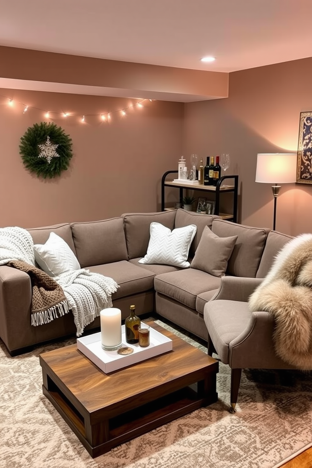 A cozy winter basement retreat featuring a plush sectional sofa adorned with soft knit throw blankets and oversized pillows. The walls are painted in a warm taupe, complemented by a rich wooden coffee table and a textured area rug that adds warmth underfoot. In one corner, a stylish bar cart is stocked with winter-themed beverages and decorative glassware, while a faux fur throw drapes over a nearby accent chair. Soft ambient lighting from a combination of floor lamps and string lights creates a welcoming atmosphere, perfect for gatherings or quiet evenings in.