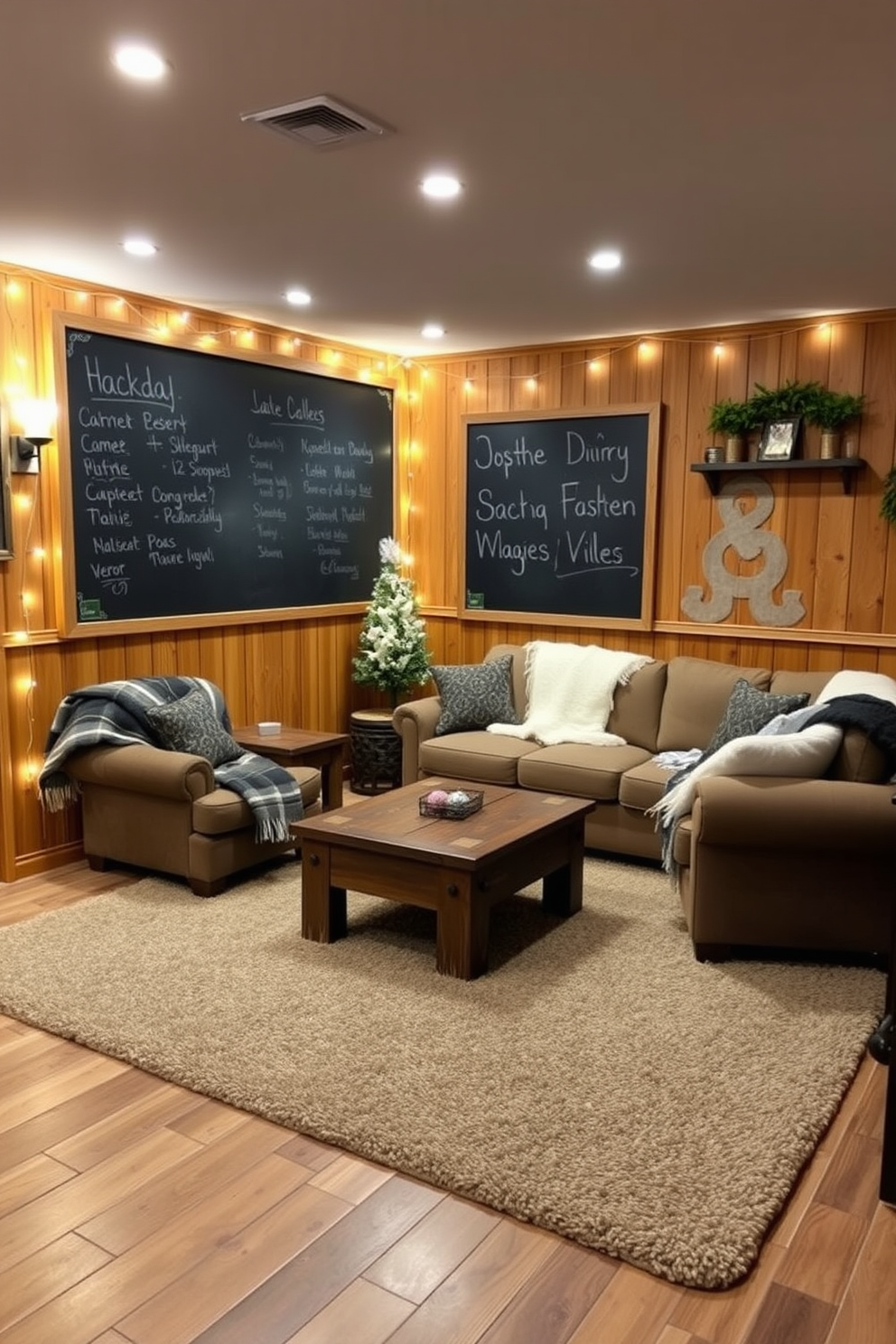 A cozy winter basement retreat designed for relaxation and entertainment. The space features a large chalkboard mounted on the wall for messages and notes, surrounded by warm wooden paneling and soft ambient lighting. Comfortable seating is arranged around a rustic coffee table, with plush blankets draped over the chairs. The floor is covered with a thick area rug to add warmth, while decorative string lights create a festive atmosphere.