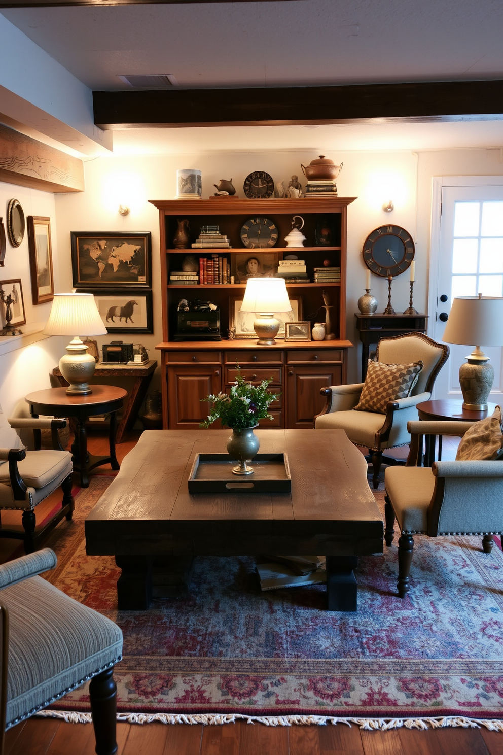 A cozy winter basement setting filled with vintage decor. The space features a reclaimed wood coffee table surrounded by mismatched upholstered chairs and a vintage area rug. Soft, warm lighting from antique lamps creates an inviting atmosphere. A classic wooden bookshelf filled with old books and decorative items adds character to the rustic feel.