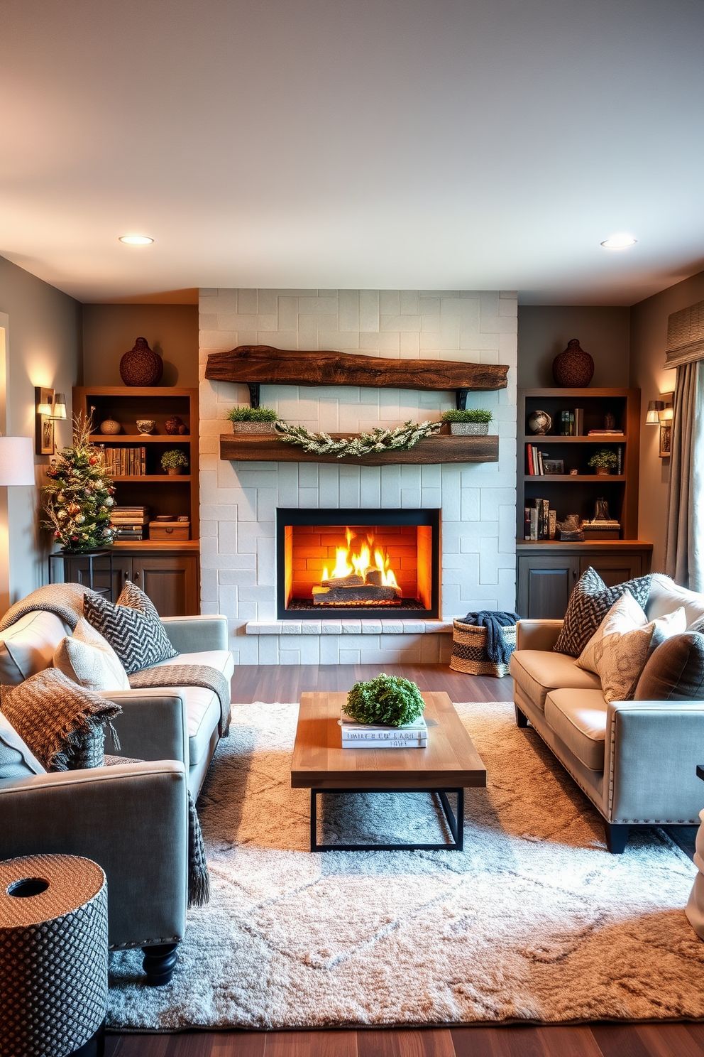 A cozy winter basement retreat designed with a neutral color palette for the walls. Soft beige tones create a warm atmosphere, complemented by plush furniture in light gray and cream shades. A large sectional sofa is positioned around a rustic wooden coffee table, inviting relaxation. Warm lighting from stylish floor lamps enhances the inviting ambiance while a soft area rug adds comfort underfoot.