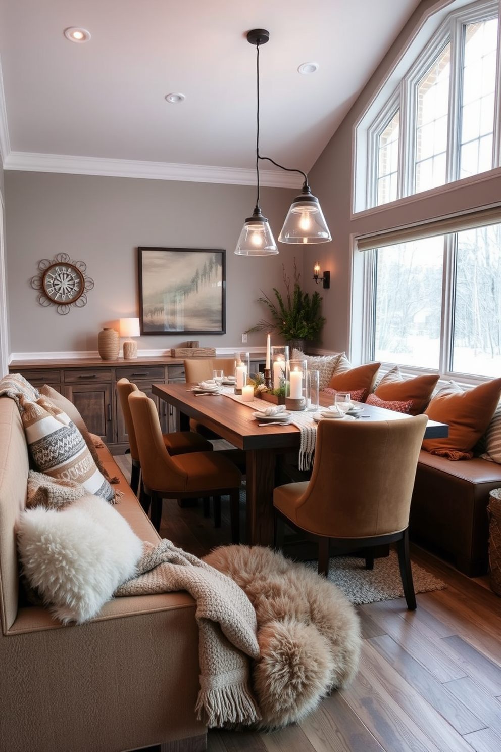 A cozy winter basement retreat featuring plush seating arranged around a warm fireplace. Decorative trays are used on coffee tables to organize books, candles, and seasonal decor, enhancing the inviting atmosphere. Soft, ambient lighting from stylish lamps creates a warm glow throughout the space. The walls are adorned with winter-themed artwork, and a thick area rug adds comfort underfoot.