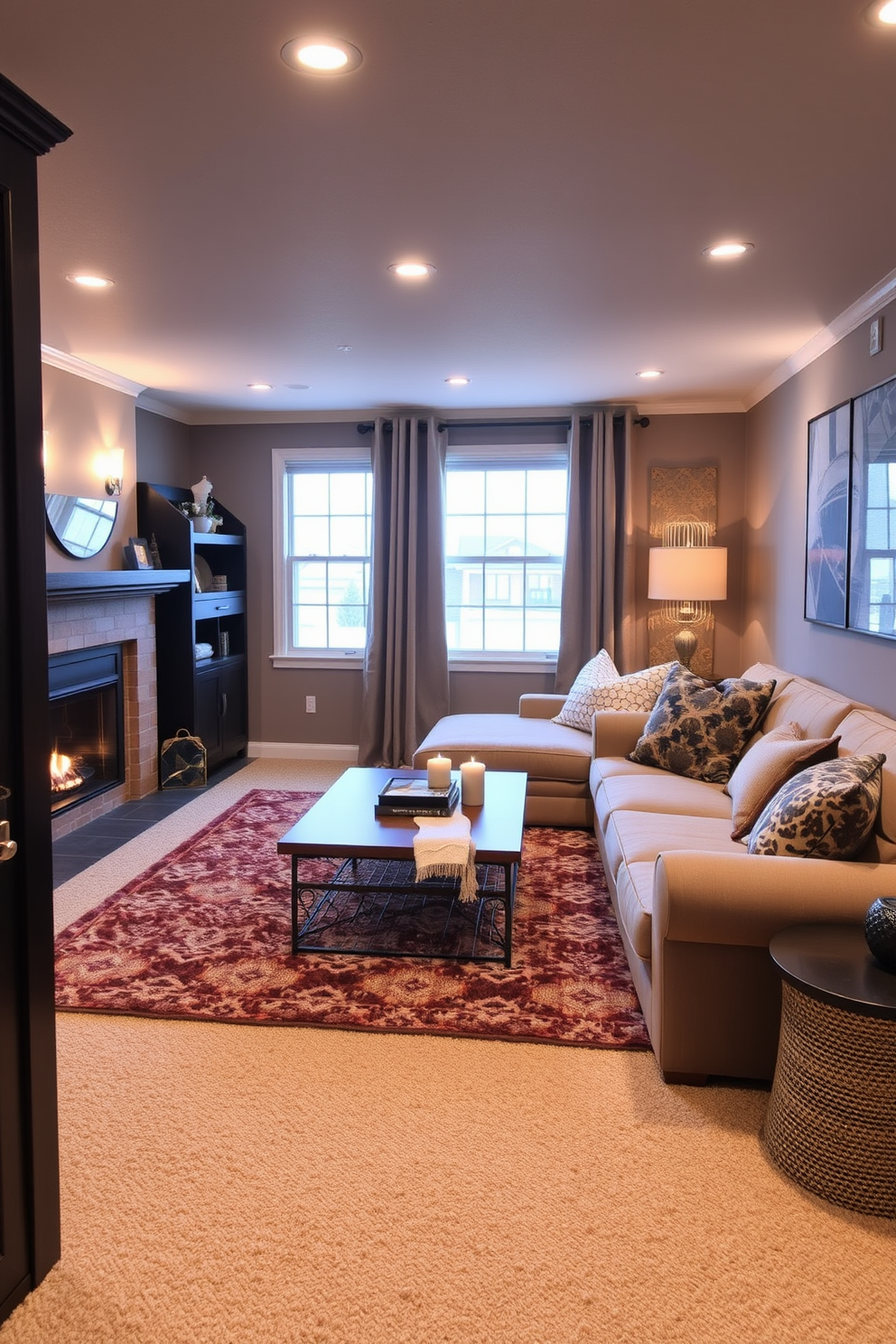 A cozy winter basement retreat designed for relaxation and entertainment. The space features a plush sectional sofa adorned with oversized pillows, complemented by a rustic wooden coffee table at the center. Soft ambient lighting creates a warm atmosphere, while a faux fur area rug adds comfort underfoot. A stone fireplace serves as the focal point, surrounded by built-in shelves displaying books and decorative items.