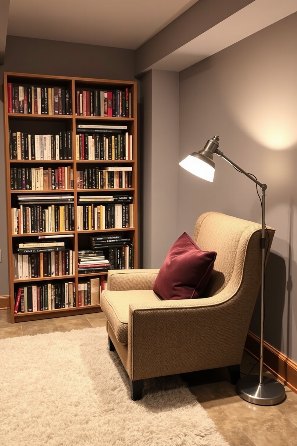 Create a cozy reading nook in a winter basement. The space features a plush armchair in a warm fabric, positioned next to a tall bookshelf filled with an array of books. Soft, ambient lighting is provided by a stylish floor lamp placed beside the chair. The walls are painted in a soft gray, and a thick area rug adds warmth to the cold basement floor.