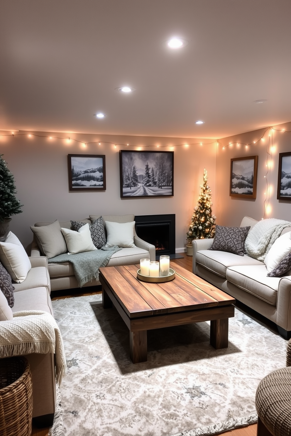 Hang winter themed wall art to create a cozy and inviting atmosphere in your basement. Choose pieces that feature snowy landscapes or festive scenes to enhance the seasonal charm. Incorporate soft textures like plush blankets and warm rugs to complement the art. Use a muted color palette with accents of deep blue and white to evoke the serene beauty of winter.