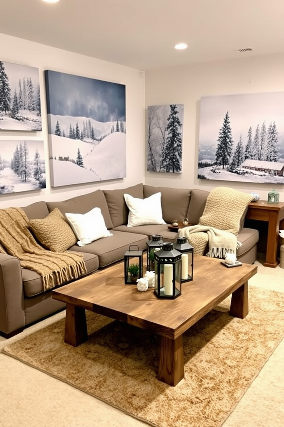 Create a cozy winter basement retreat featuring oversized cushions in rich, textured fabrics for comfortable seating. The space is illuminated by warm, ambient lighting, creating an inviting atmosphere perfect for relaxation and gatherings.