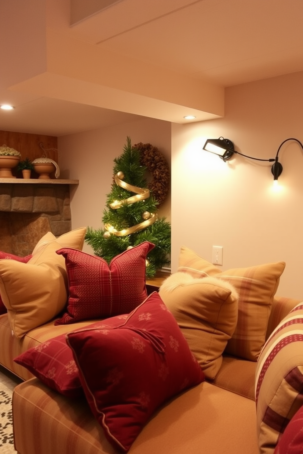 Create a cozy winter basement retreat featuring oversized cushions in soft, warm fabrics for comfortable seating. The space is illuminated by soft ambient lighting, creating a welcoming atmosphere perfect for relaxation.