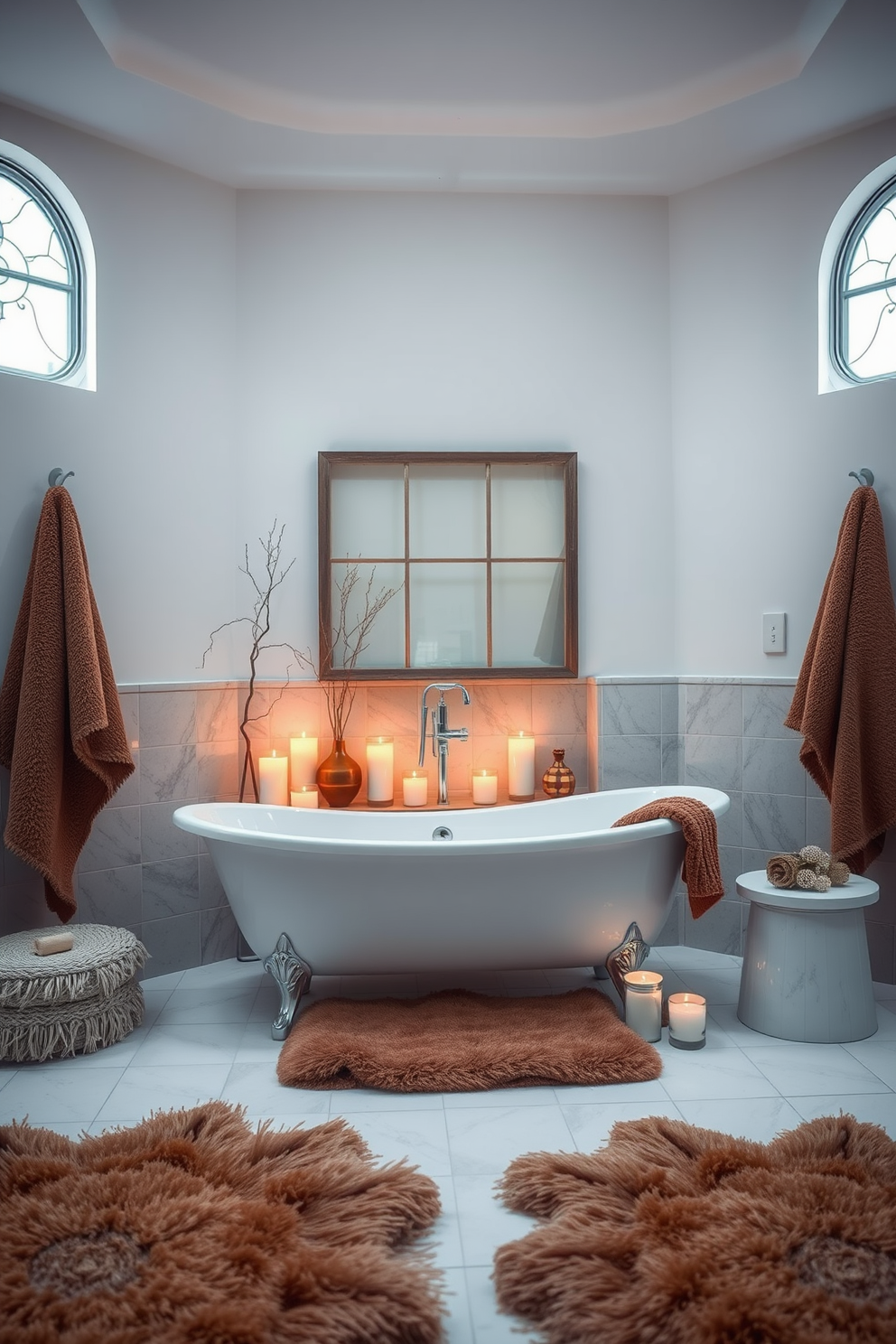 A cozy winter bathroom setting adorned with plush rugs in warm tones. The space features a freestanding bathtub surrounded by candles and soft lighting, creating a tranquil atmosphere.