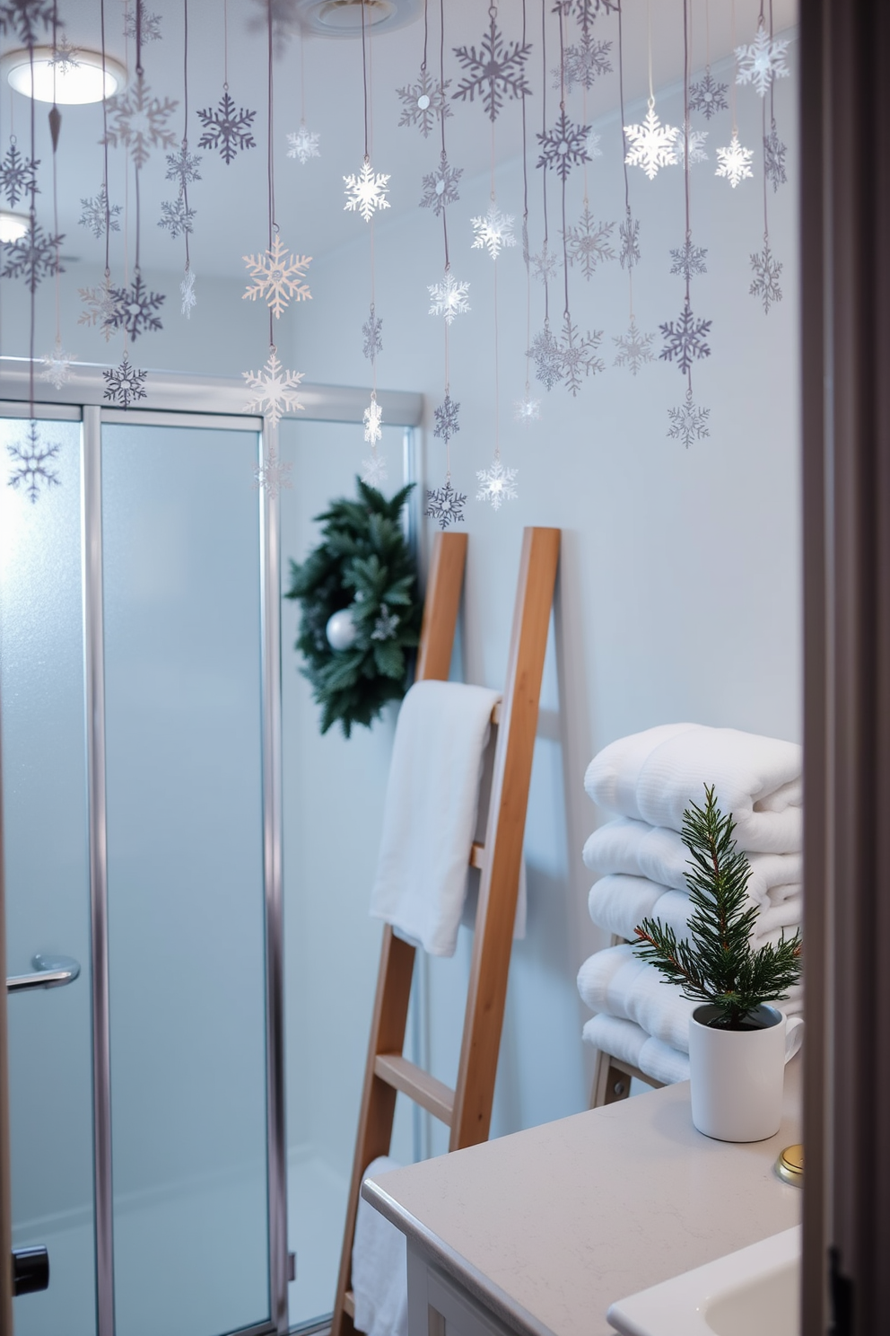 A cozy winter bathroom setting featuring fluffy white bathrobes hanging neatly on a wooden rack. The room is adorned with soft, ambient lighting and accents of frosty blue decor, creating a serene and inviting atmosphere.