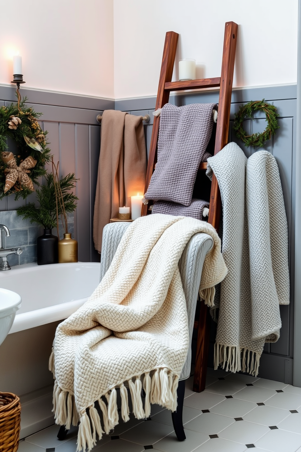 A cozy winter bathroom setting featuring textured throw blankets draped over a plush chair. The blankets are in soft, neutral tones, adding warmth to the space while complementing the cool color palette of the bathroom. Decorative elements include a rustic wooden ladder leaning against the wall, holding additional blankets for easy access. The overall ambiance is inviting, with flickering candlelight and a touch of greenery to enhance the winter decor.