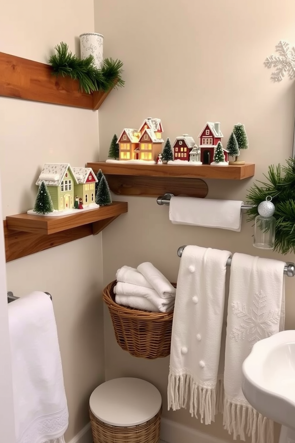 A charming miniature holiday village is displayed on wooden shelves, featuring quaint houses adorned with twinkling lights and snowy rooftops. The village is surrounded by small evergreen trees and decorative figurines, creating a festive atmosphere. The bathroom is elegantly decorated for winter, with soft white towels and a cozy throw draped over a wicker basket. Frosted glass accents and a subtle snowflake motif on the shower curtain enhance the seasonal charm.