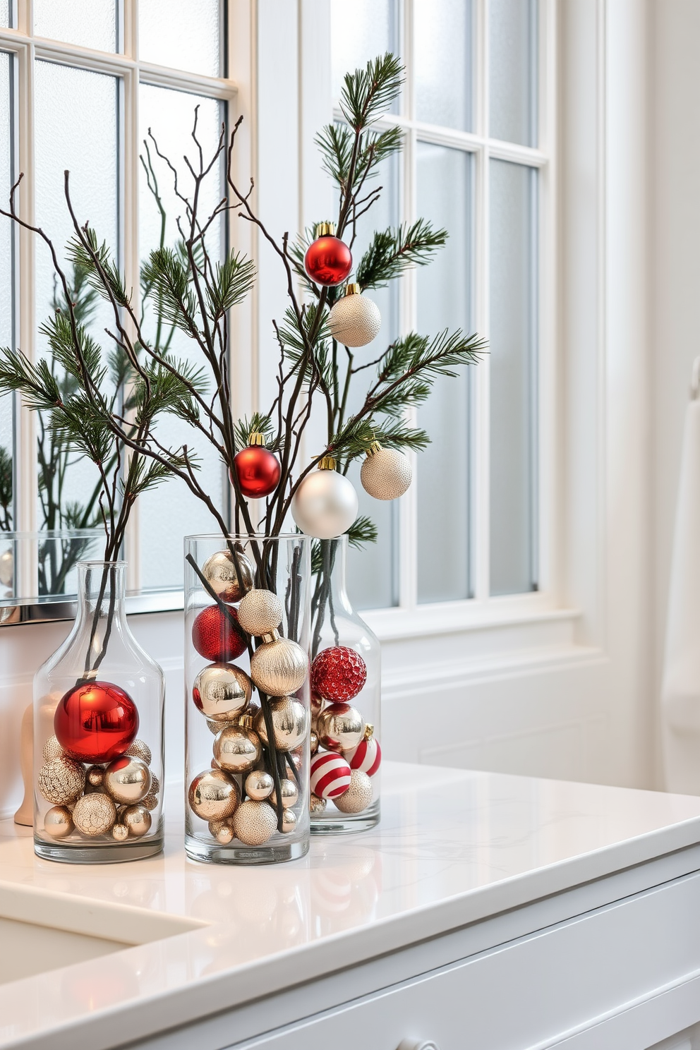 A serene winter bathroom setting featuring glass vases filled with assorted ornaments. The vases are elegantly arranged on a sleek countertop, with a backdrop of soft white walls and frosted window panes.