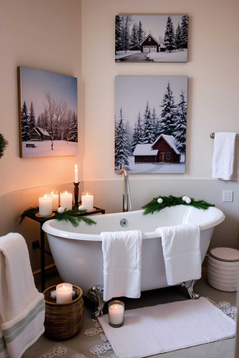 A serene winter bathroom setting. The walls are adorned with seasonal artwork depicting tranquil winter scenes featuring snow-covered landscapes and cozy cabins. There is a freestanding bathtub surrounded by candles and soft white towels. Frosted glass accents and a touch of evergreen foliage add a festive yet calming atmosphere.