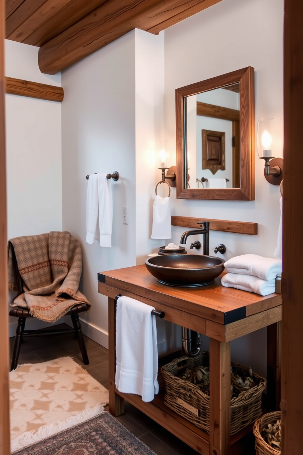 A cozy winter bathroom featuring wooden accents that add rustic charm. The space includes a reclaimed wood vanity with a deep sink, surrounded by soft white towels and a warm wool throw draped over a nearby chair.