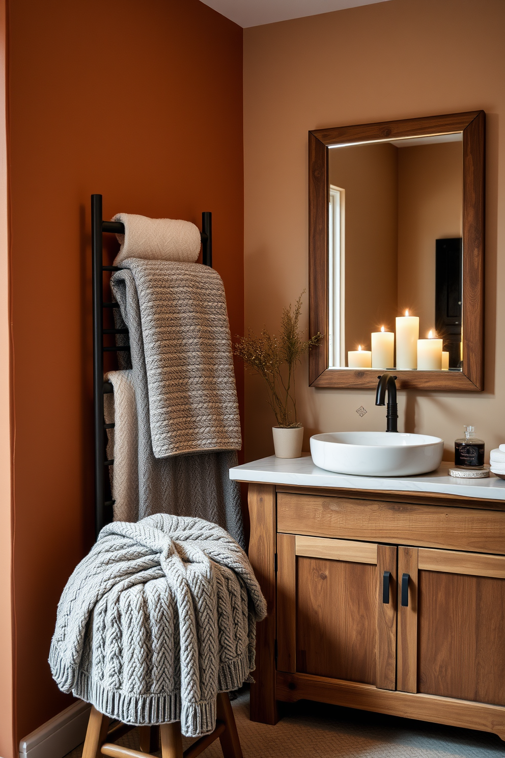 A whimsical winter bathroom setting. There are sprigs of fresh mistletoe hanging from the ceiling, adding a festive touch to the space. The walls are adorned with soft white and silver accents. Plush towels in shades of icy blue are neatly arranged on a wooden ladder shelf.