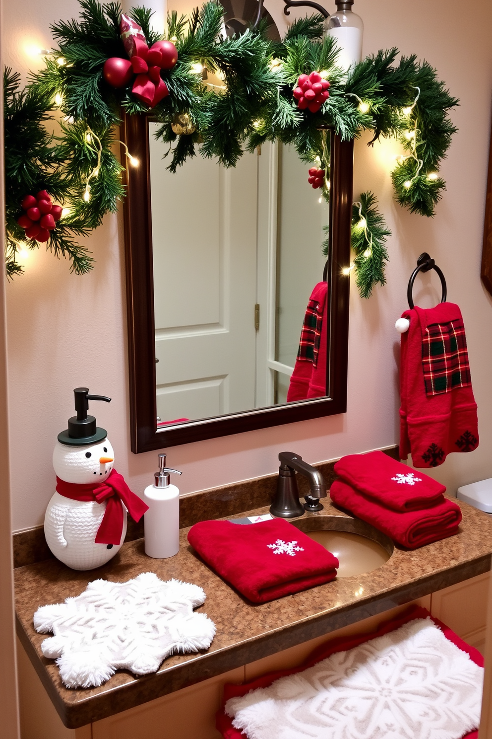 A cozy winter bathroom setting adorned with holiday-themed soap dispensers and accessories. The countertop features a festive soap dispenser shaped like a snowman alongside matching towels in rich red and green hues. A beautifully decorated mirror is framed with evergreen garlands and twinkling fairy lights. The bath mats are plush and feature snowflake patterns, adding warmth and charm to the space.