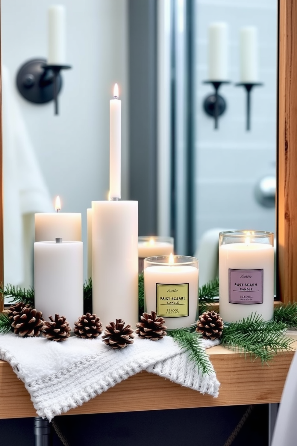 A cozy winter bathroom setting featuring seasonal scented candles arranged on a wooden shelf. The candles vary in height and are surrounded by pinecones and evergreen branches for a festive touch.