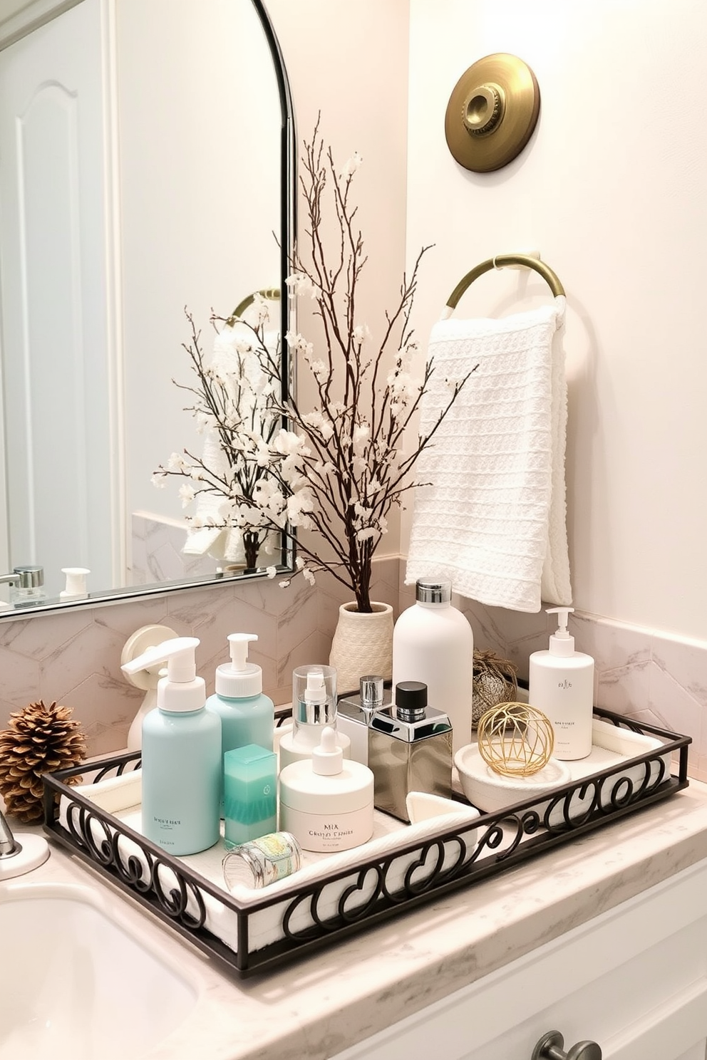 A cozy winter bathroom featuring vintage glass bottles as decor pieces. The bottles are arranged on a wooden shelf above the sink, reflecting soft light from a nearby window. The walls are painted in a warm cream color, creating a welcoming atmosphere. A plush white rug lies on the floor, adding comfort and style to the space.