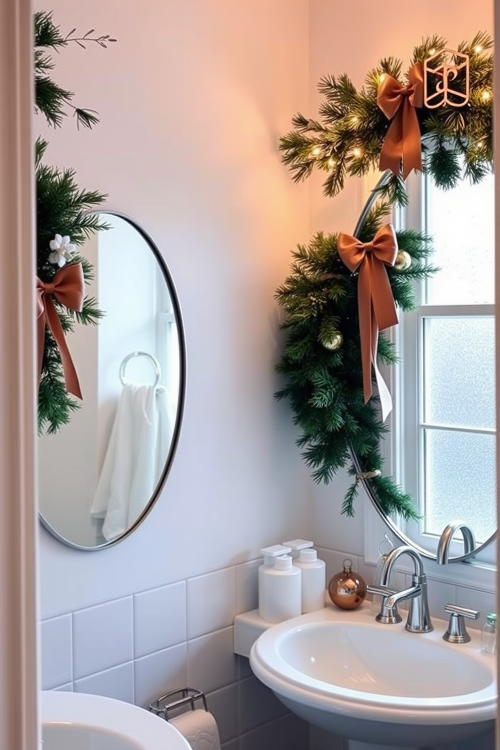 A cozy winter bathroom setting featuring mirrors adorned with lush garlands and elegant bows. The warm ambiance is enhanced by soft white lighting and a frosted window that lets in gentle natural light.