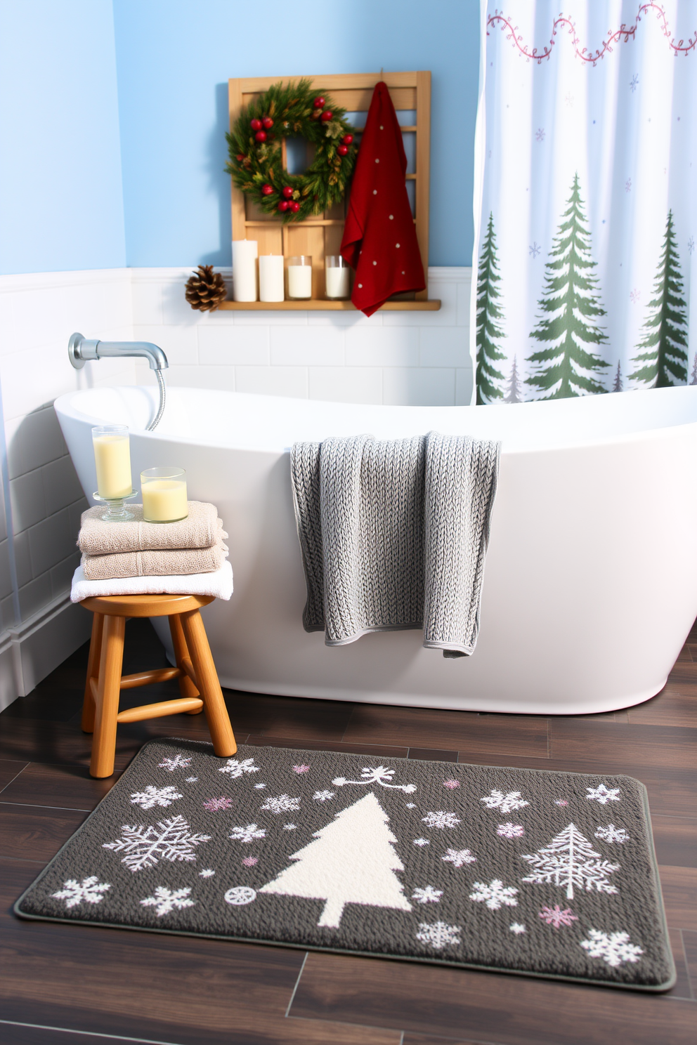 A festive bath mat is placed in front of a sleek white bathtub, featuring winter motifs like snowflakes and pine trees. The walls are adorned with soft blue paint, and a cozy knitted throw is draped over the side of the tub for added warmth. Decorative elements include a small wooden stool holding a stack of plush towels and a scented candle. Frosted glass accents and a winter-themed shower curtain complete the inviting atmosphere of the winter bathroom.