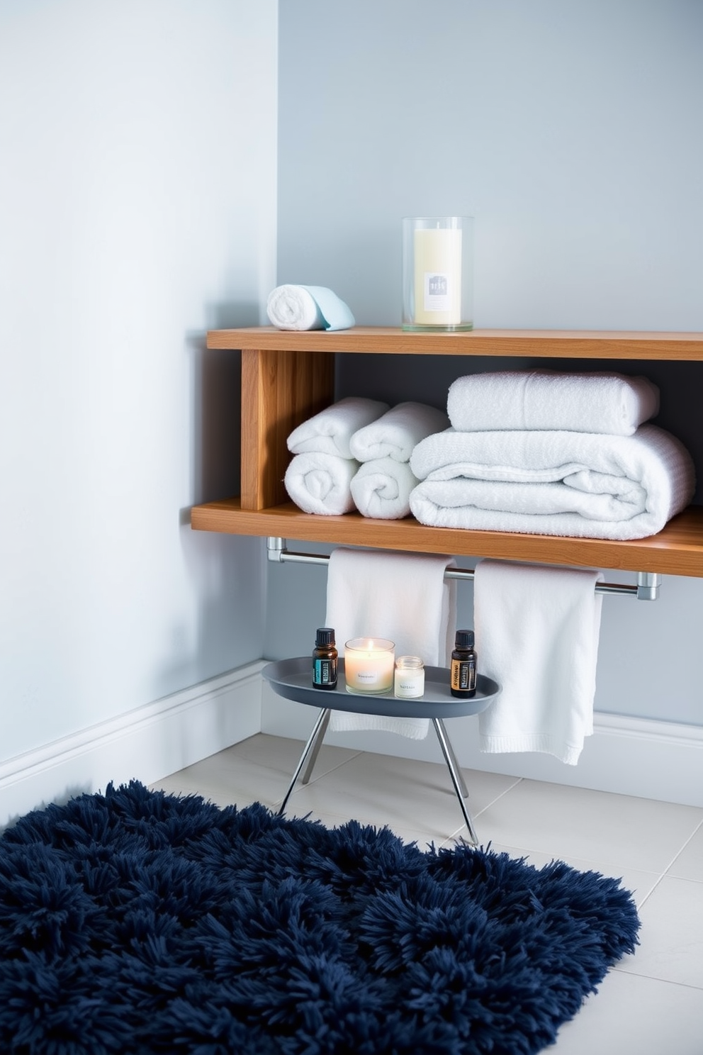 A serene winter bathroom retreat. Soft white towels are neatly arranged on a wooden shelf, while a collection of essential oils sits on a small tray next to a flickering candle. The walls are adorned with subtle snowflake patterns in light blue tones. A plush rug in a deep navy hue adds warmth to the cool color palette, creating a tranquil and inviting space.