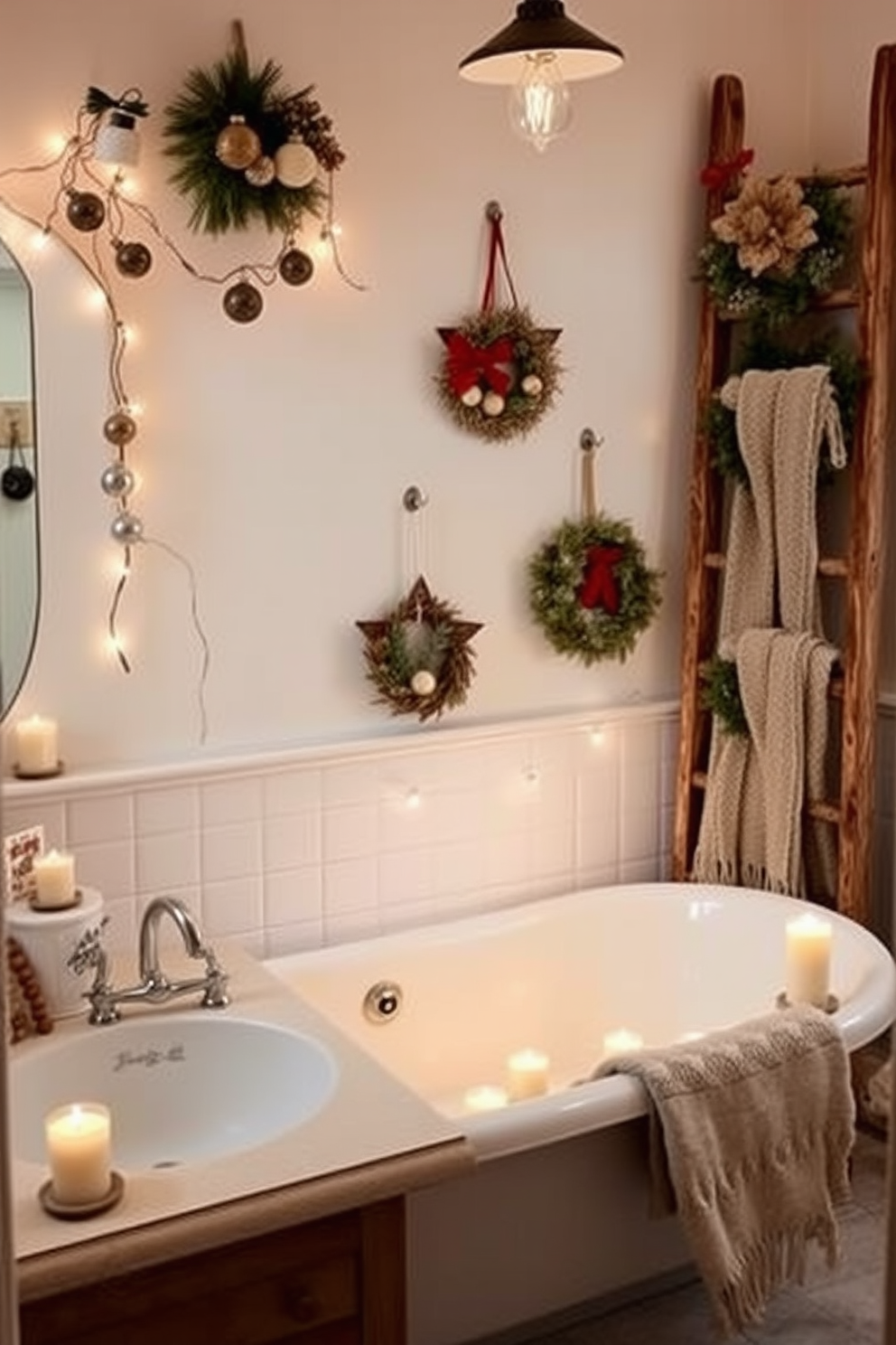 A cozy winter bathroom adorned with vintage holiday decorations that evoke nostalgia. Delicate string lights drape across the mirror, while a collection of antique ornaments is displayed on the countertop. A rustic wooden ladder leans against the wall, adorned with soft, knitted throws and seasonal wreaths. The bathtub is surrounded by candles in vintage holders, creating a warm and inviting atmosphere.