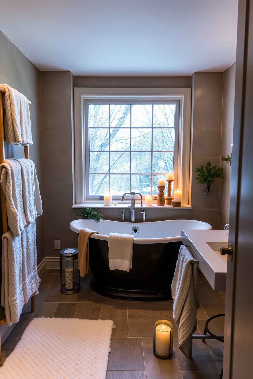 A cozy winter bathroom retreat featuring heated towel racks that provide warmth and comfort. The space is adorned with soft, plush towels in neutral tones, creating a welcoming atmosphere. The decor includes seasonal elements like pine branches and candles that add a festive touch. A freestanding tub with a view of snow-covered landscapes enhances the serene winter ambiance.