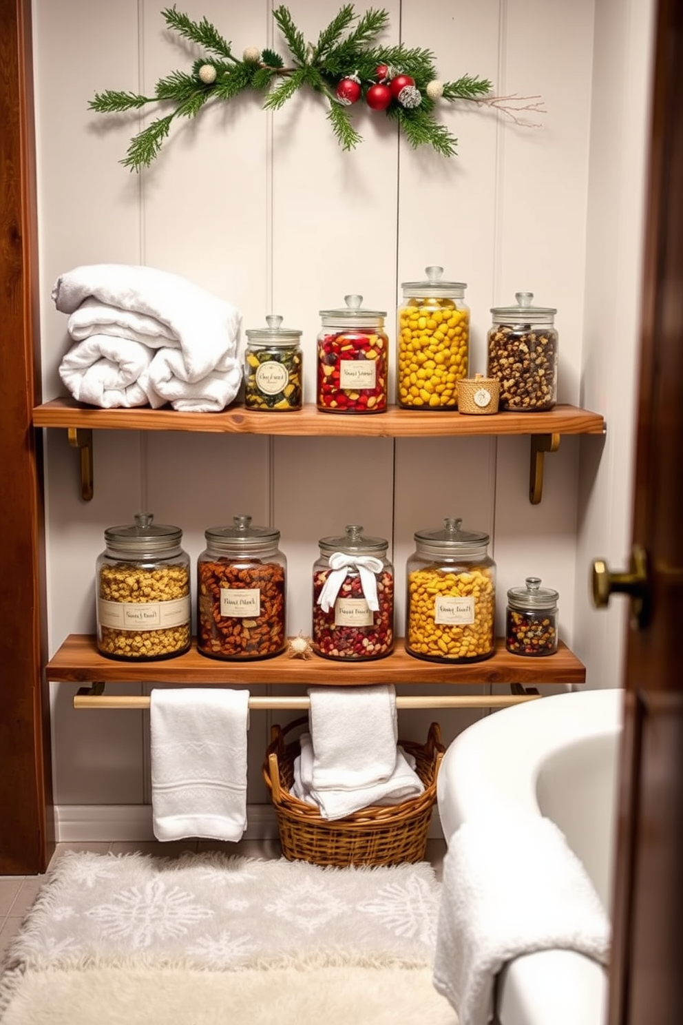 A cozy winter bathroom filled with seasonal potpourri that exudes inviting fragrance. The space features a rustic wooden shelf adorned with glass jars of colorful potpourri, complemented by soft white towels and a plush bath mat.