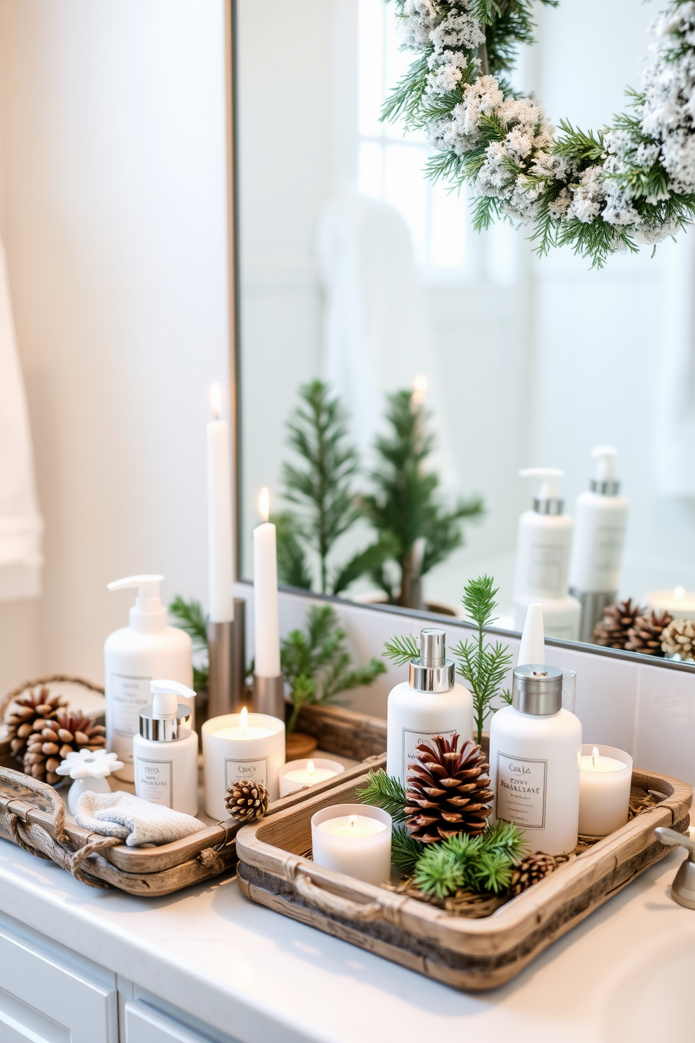 A cozy winter bathroom setting featuring decorative trays arranged with seasonal toiletries. The trays are crafted from natural materials and are adorned with pinecones, candles, and small evergreen branches for a festive touch.