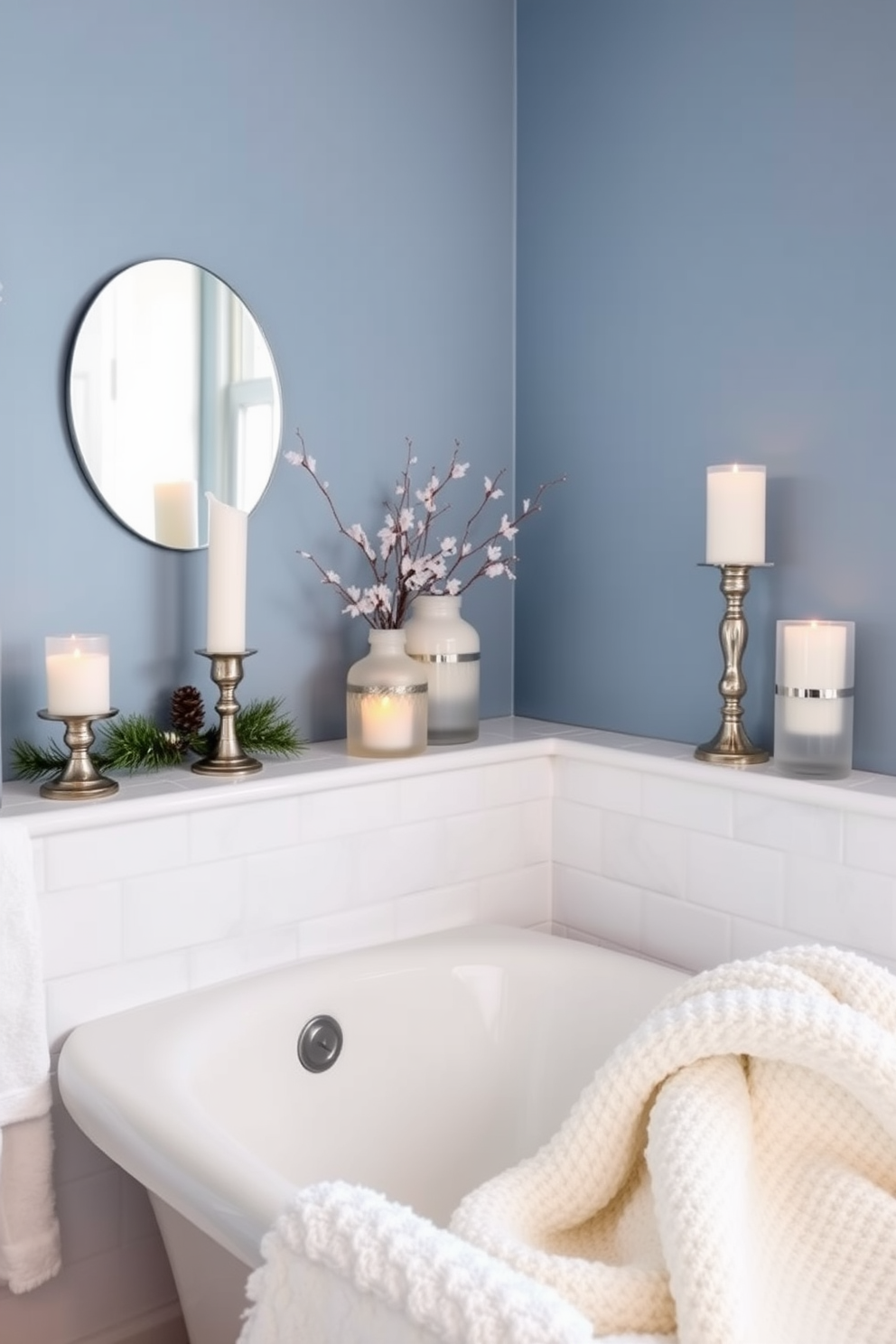 A serene winter bathroom setting featuring frosted glass decor that enhances the seasonal ambiance. The space is adorned with delicate frosted glass vases and candle holders, reflecting soft light throughout the room. The walls are painted in a cool blue hue, reminiscent of a crisp winter morning. Plush white towels and a cozy throw blanket are artfully arranged, inviting warmth and comfort amidst the frosty elements.