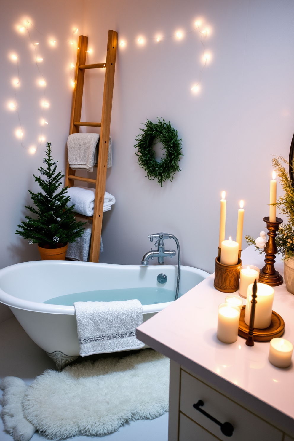 A cozy reading nook in the bathroom features a plush armchair upholstered in soft fabric positioned next to a large window that allows natural light to flood the space. A small side table holds a stack of books and a steaming cup of tea, creating an inviting atmosphere for relaxation. Winter bathroom decorating ideas include a warm color palette with deep blues and soft whites to evoke a serene winter feel. Accents such as fluffy white towels, a knitted throw draped over the armchair, and seasonal candles add a touch of comfort and coziness to the room.