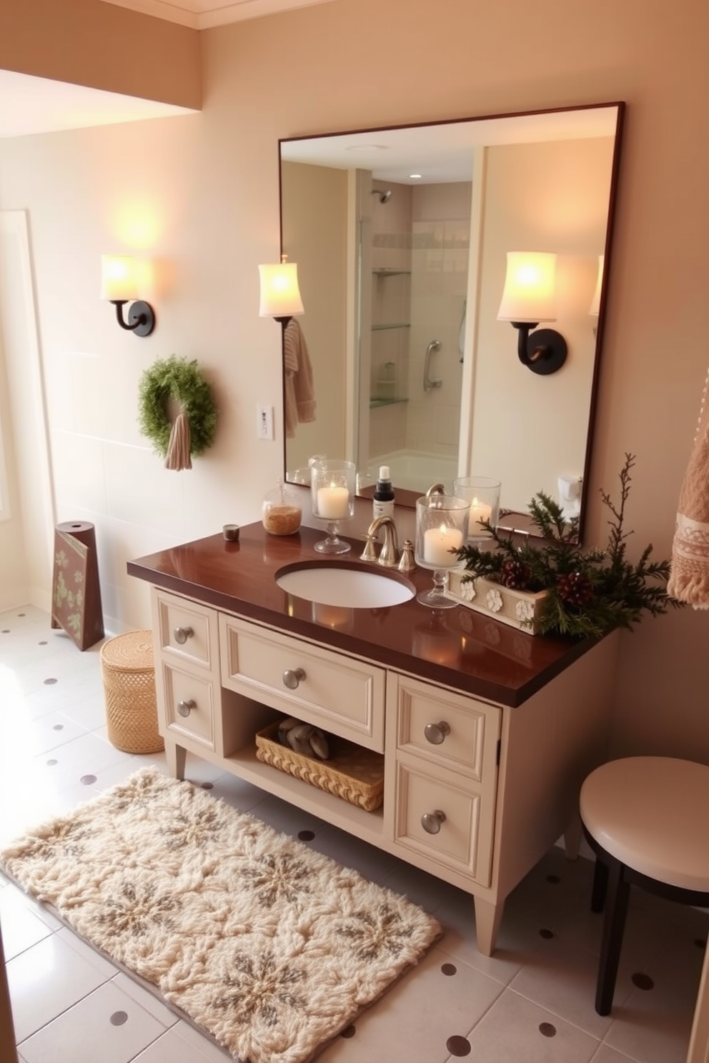 Soft faux fur bath mat for comfort. The bathroom features cool blue walls and elegant silver accents. A freestanding soaking tub sits beneath a large window, allowing natural light to flood the space. Plush white towels are neatly arranged on a nearby ladder shelf, adding a cozy touch.