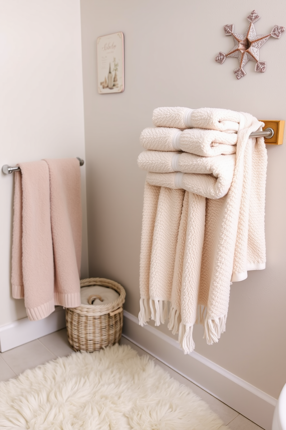 A cozy winter bathroom setting featuring soft fluffy towels in neutral shades neatly arranged on a wooden towel rack. The walls are adorned with subtle winter-themed decor, and a plush rug adds warmth to the space.