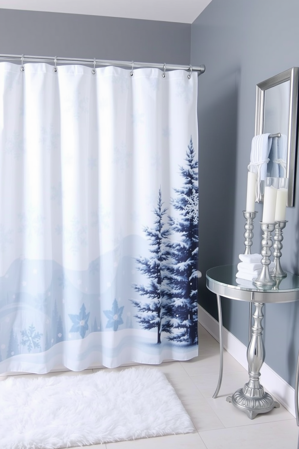 A winter-themed shower curtain features delicate snowflakes and evergreen trees in soft blues and whites. The bathroom is adorned with frosty accents, including a plush white rug and silver candle holders that reflect the seasonal charm.