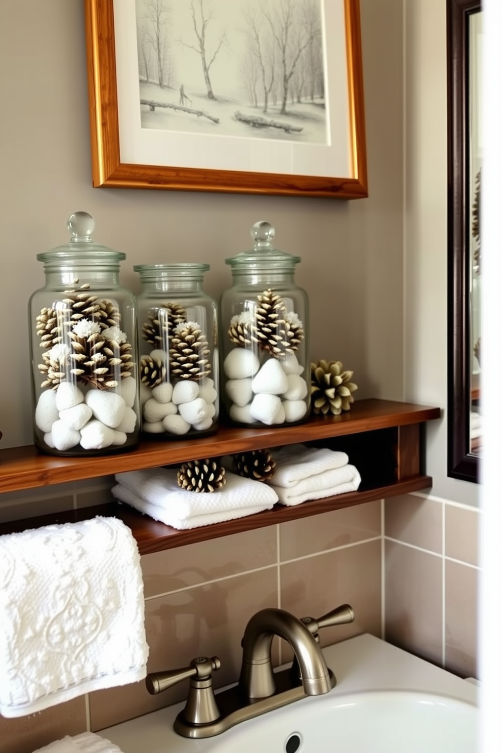 A cozy winter bathroom setting featuring decorative pinecones displayed in elegant glass jars. The jars are arranged on a wooden shelf above the sink, complemented by soft white towels and a subtle winter-themed artwork on the wall.