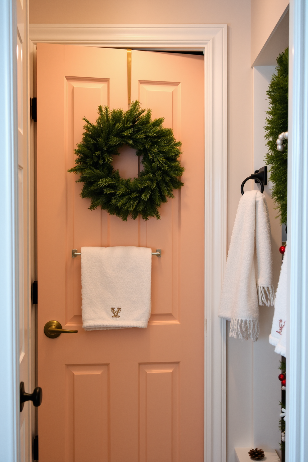 A cozy winter bathroom featuring a hanging evergreen wreath on the door. The space is adorned with soft white towels and festive decorations that evoke a warm holiday spirit.