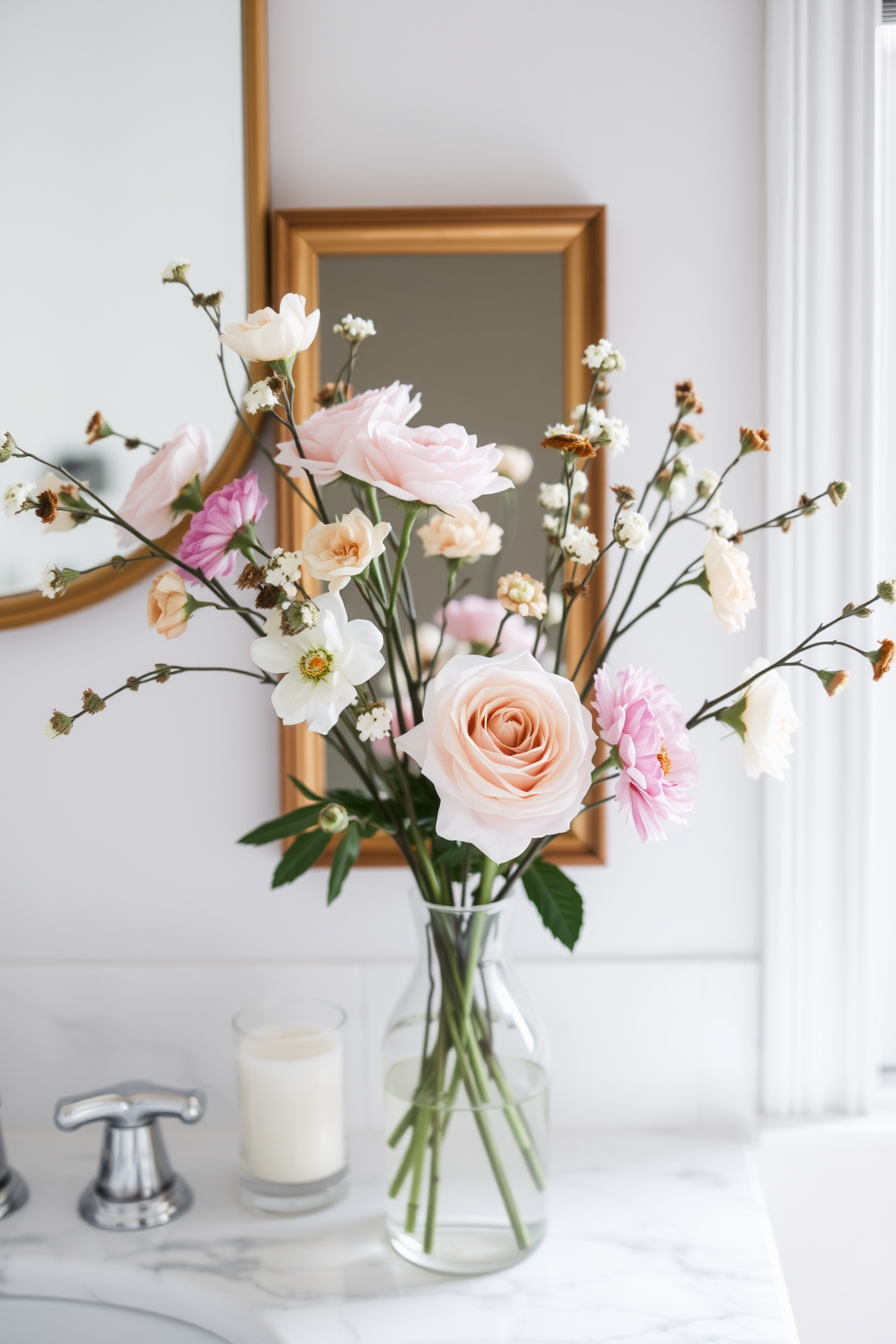 Fresh seasonal flowers in a simple vase add a touch of elegance to a winter bathroom. The soft colors of the blooms create a warm contrast against the cool tones of the winter decor.