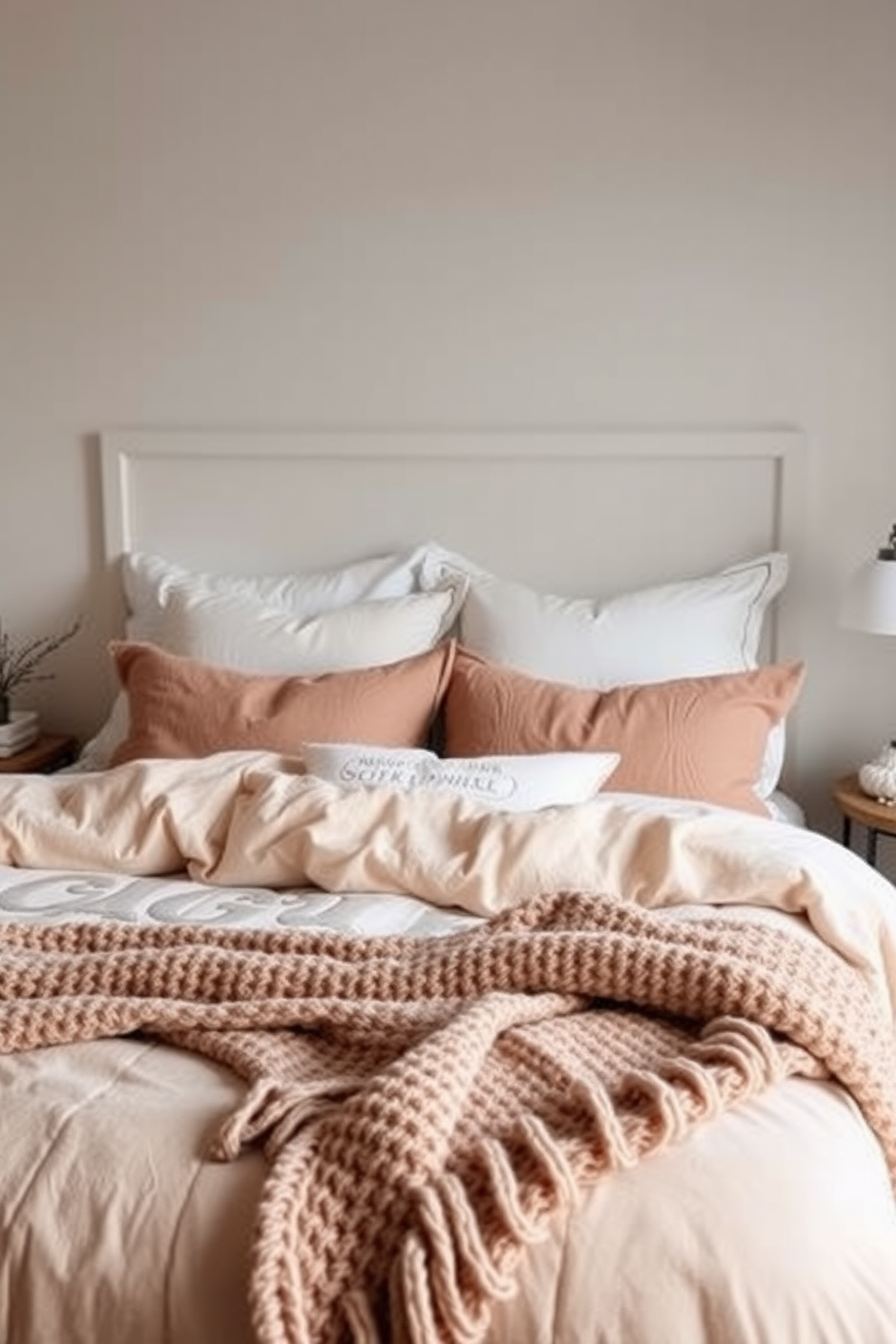 A cozy winter bedroom featuring soft flannel sheets in a warm plaid pattern that invites relaxation. The room is adorned with plush throw pillows and a chunky knit blanket draped over the bed for added comfort.