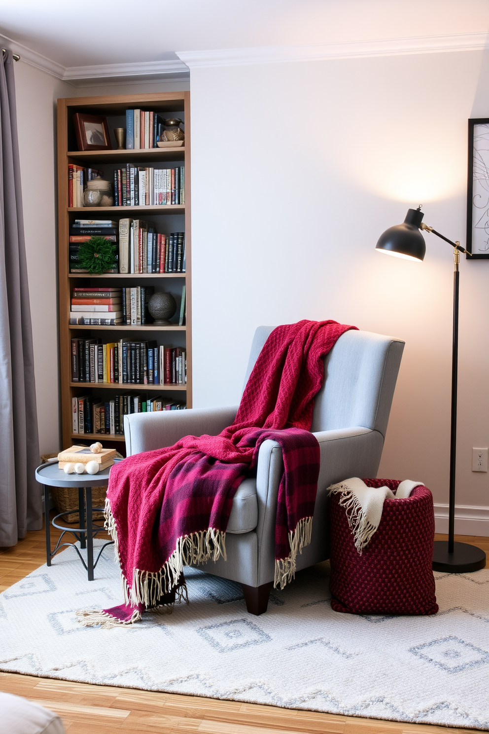 Create a cozy reading nook featuring a plush armchair surrounded by an array of colorful cushions. Soft, warm lighting from a nearby floor lamp enhances the inviting atmosphere, while a small bookshelf filled with novels adds charm. Design a winter-themed bedroom adorned with soft, neutral tones and layered textures. A thick knitted blanket drapes over the bed, and frosty blue accents in the decor evoke a serene winter ambiance.