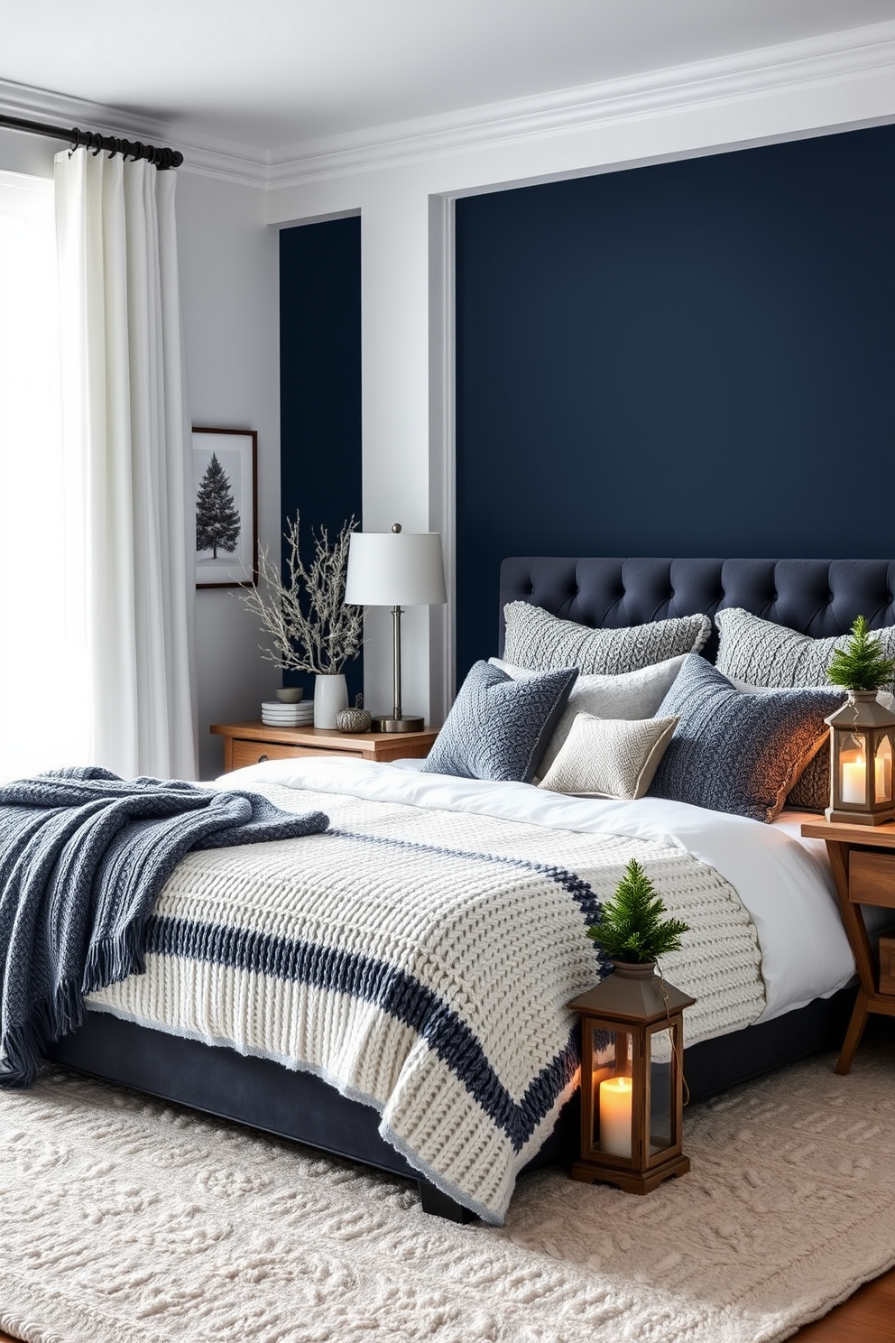 A cozy winter bedroom setting with a plush king-sized bed dressed in soft white linens and a thick knitted throw. The walls are painted in a deep navy blue, creating a serene backdrop, while a large window allows natural light to flood the room. A modern fireplace is positioned against one wall, providing warmth and ambiance, with a sleek mantel adorned with seasonal decor. Fluffy area rugs in neutral tones cover the hardwood floor, and a pair of stylish armchairs sit invitingly beside the fire.