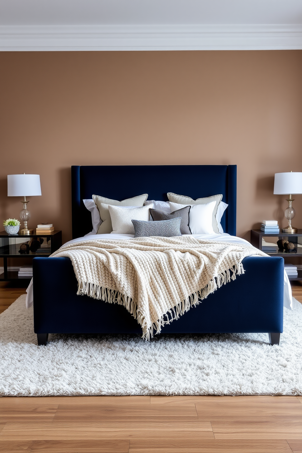 A cozy winter bedroom featuring a statement bed frame upholstered in rich navy fabric. Soft white bedding is layered with a chunky knit throw and an assortment of decorative pillows in varying textures. The walls are painted in a warm taupe hue, creating a welcoming atmosphere. A plush area rug in neutral tones lies beneath the bed, while a pair of elegant bedside tables flank the frame, each topped with stylish lamps.