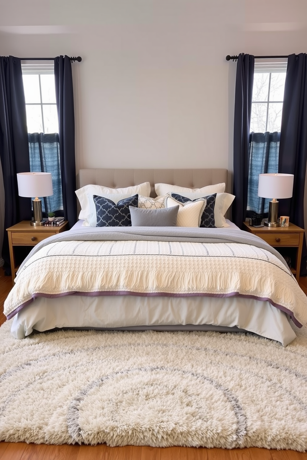 A cozy winter bedroom retreat featuring a large plush area rug that adds warmth underfoot. The bed is dressed in soft, layered bedding with a mix of textures in shades of white and gray, complemented by an assortment of decorative pillows. A wooden nightstand sits on either side of the bed, each adorned with stylish table lamps that provide a warm glow. The windows are draped with thick, insulated curtains in a rich navy hue, creating a snug atmosphere perfect for chilly nights.