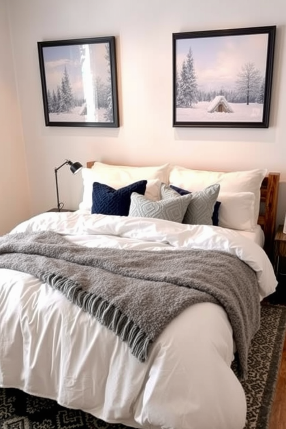 A cozy winter bedroom featuring soft white bedding layered with plush gray throws. The walls are adorned with beautiful winter landscape prints that evoke a serene and tranquil atmosphere. A rustic wooden bed frame complements the warm tones of the room. Accents of deep blue and silver are incorporated through decorative pillows and a stylish area rug.