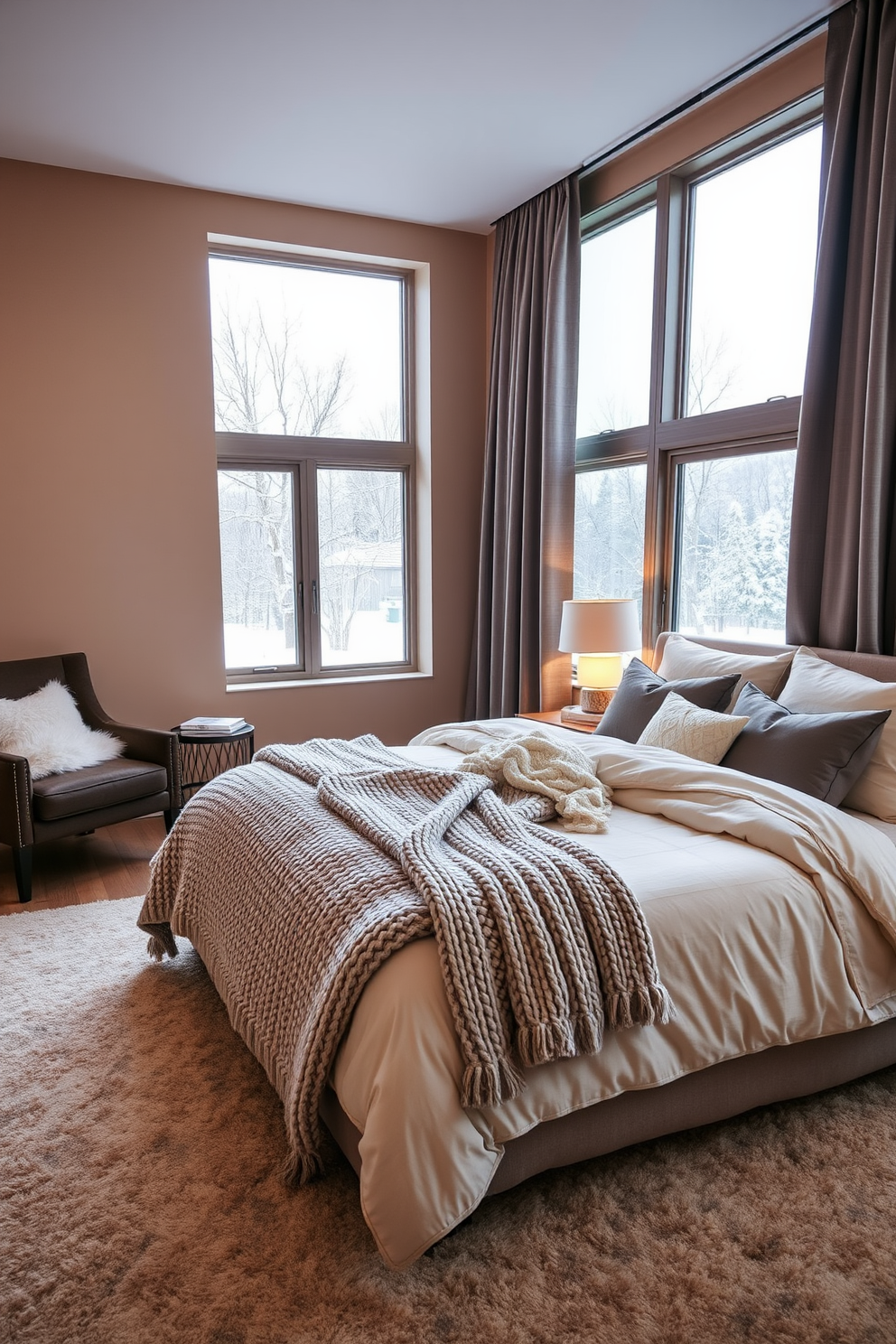 A cozy winter bedroom setting featuring a plush oversized bed with a chunky knit blanket draped across the foot. The walls are adorned with soft, warm tones, and a large area rug adds warmth underfoot. In one corner, a stylish armchair with a faux fur throw invites relaxation, while a wooden bedside table holds a glowing lamp and a stack of books. Large windows are dressed with heavy curtains that frame a snowy landscape outside.