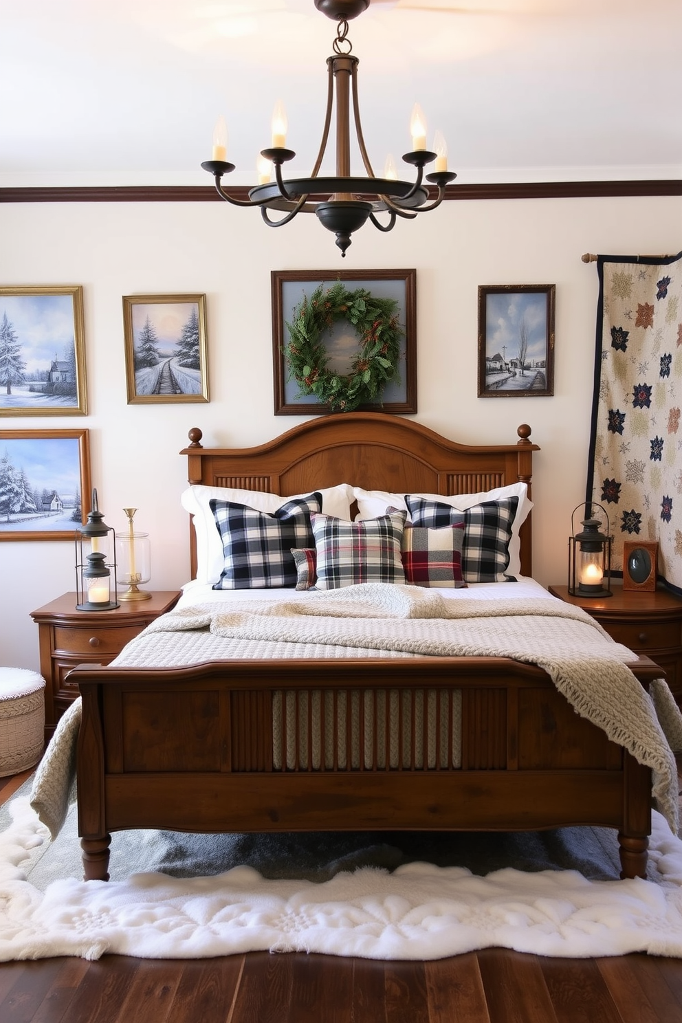 A cozy winter bedroom adorned with vintage decor elements. An antique wooden bed frame is dressed with a thick, knitted blanket and an assortment of plaid pillows. On the nightstands, vintage lanterns emit a warm glow, complementing the soft lighting from a rustic chandelier overhead. The walls are decorated with framed winter landscape paintings and a faded quilt hangs on one side, adding a touch of nostalgia.